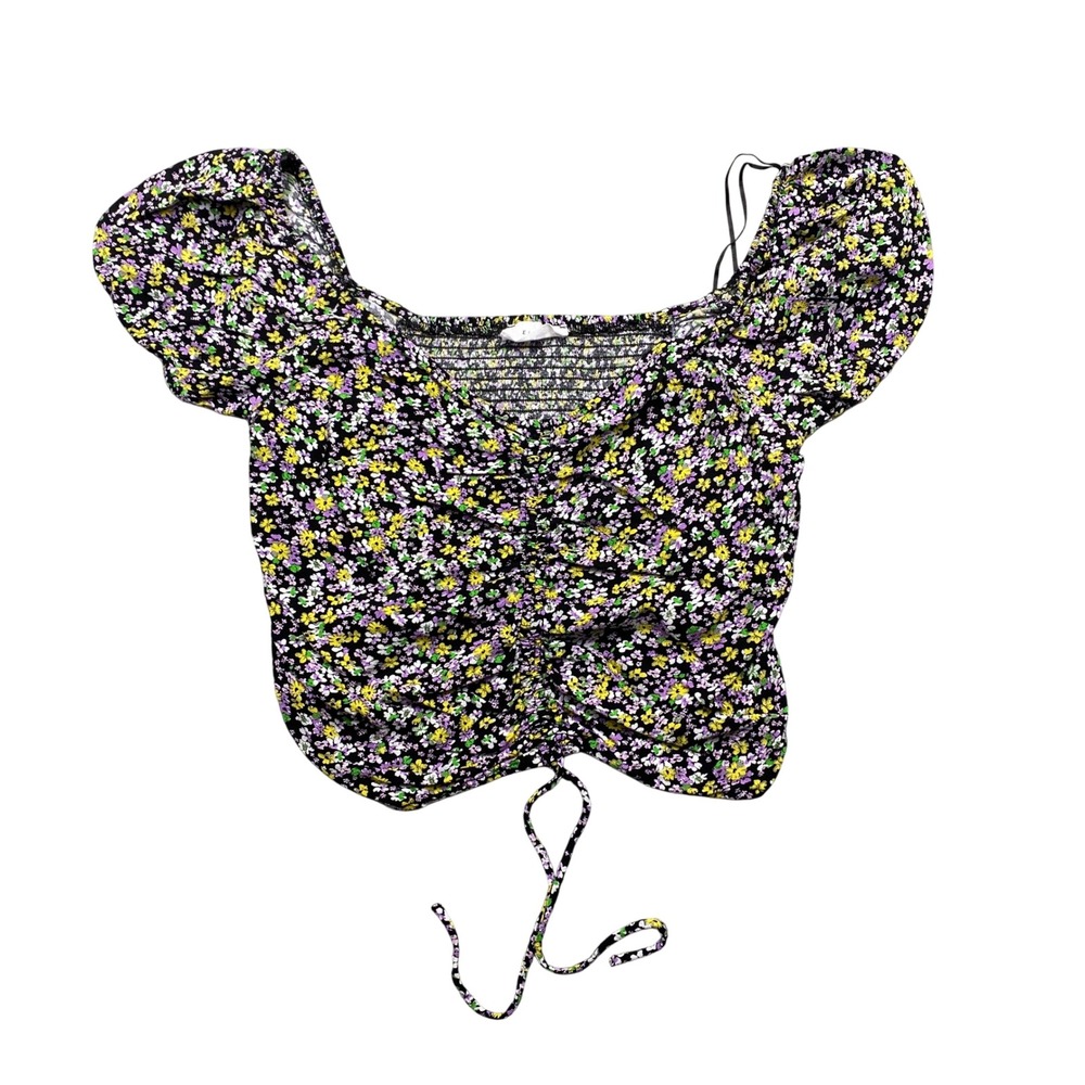 Elodie Floral Smocked Ruched Tie Front Crop Top‎ Shirt Womens XL Preppy Rretro